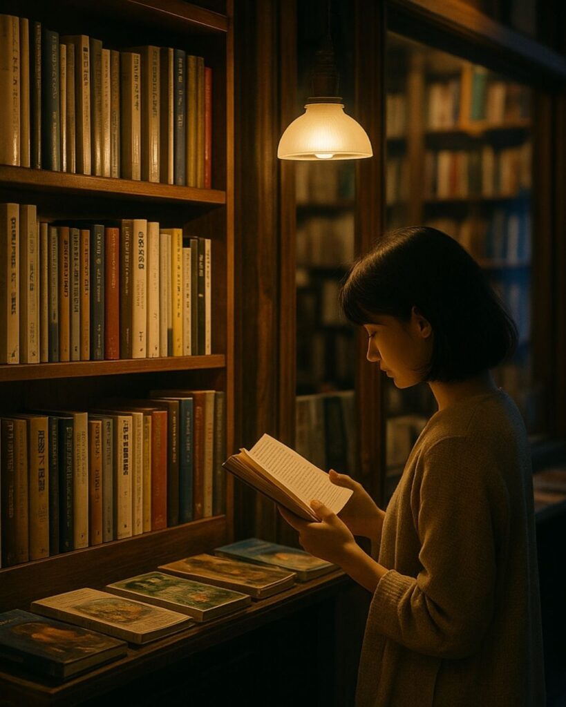 杉田久女の秋の俳句5選-代表作をわかりやすく解説！「書肆の灯に　そぞろ読む書も　秋めけり」この俳句をイメージした画像