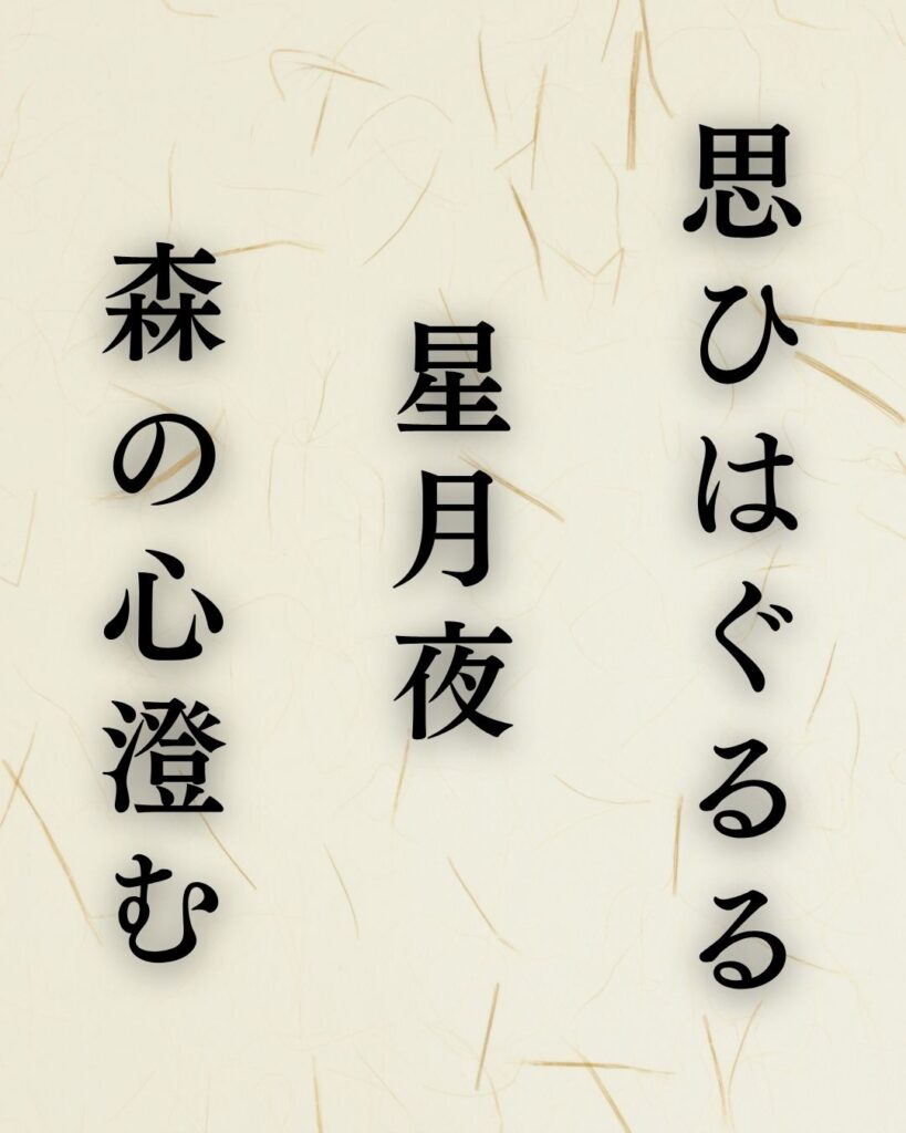 種田山頭火の秋の俳句5選-代表作をわかりやすく解説！「思ひはぐるる　星月夜　森の心澄む」この俳句を記載した画像