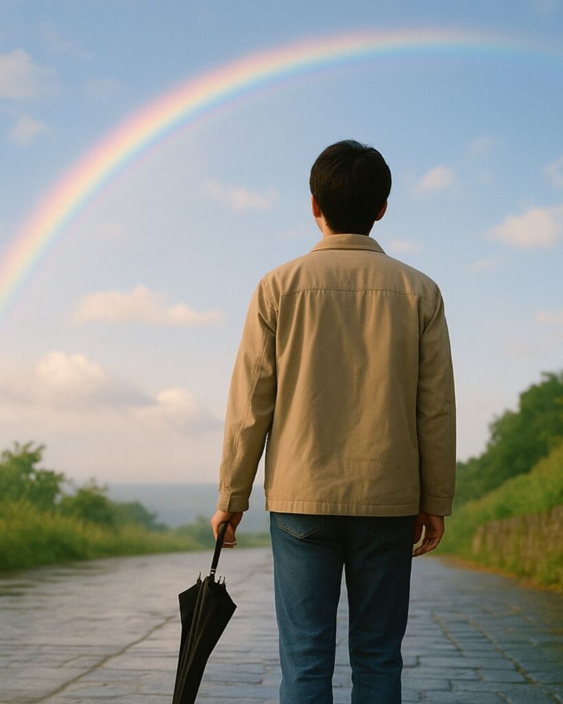 チャップリンの名言9選–笑いに生きる哲学「下を向いていたら、虹は見つからないよ。」この名言のイメージイラスト