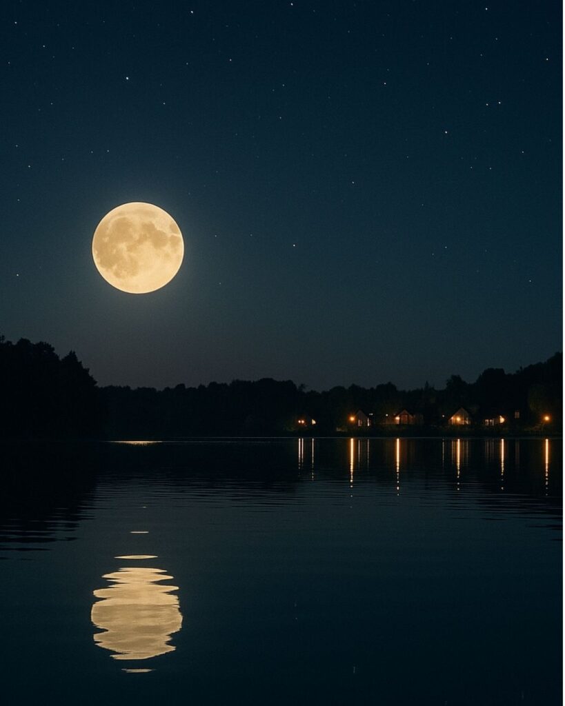 種田山頭火の秋の俳句5選-代表作をわかりやすく解説！「円い月が　ぽかと出て　対岸灯し初めし」この俳句をイメージした画像