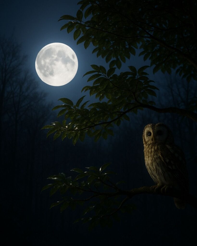 北原白秋の冬の短歌5選-代表作をわかりやすく解説！「花樫に 月の大きく かがやけば　眼ひらく木菟か ほうほうと啼けり」この短歌をイメージした画像