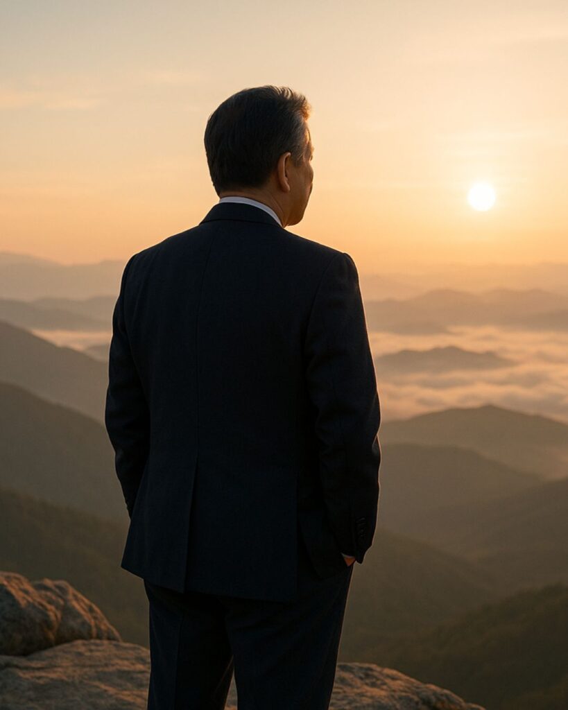 日本の政治家の名言9選vol.2–歴代総理の金言「小渕恵三」「人は宿命に生まれ、運命に挑み、そして使命に燃えて生きる。」この名言のイメージイラスト
