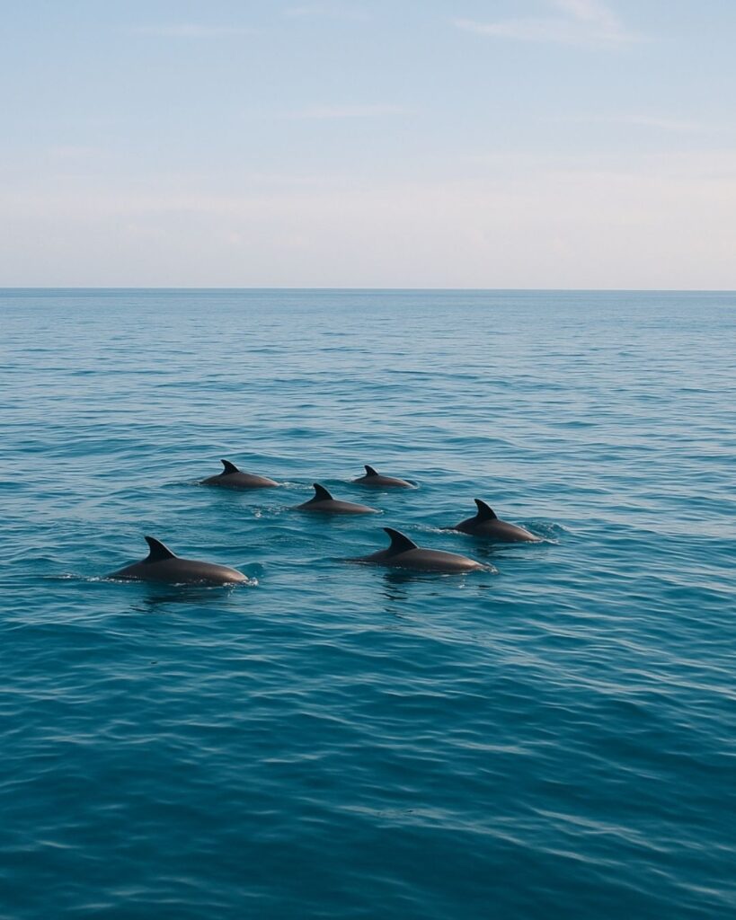 釈迢空の名作短歌5選–水の上「はろばろに　浮きて来向ふ 海豚のむれ。委ら細らに 向きをかへたり」この短歌をイメージした画像