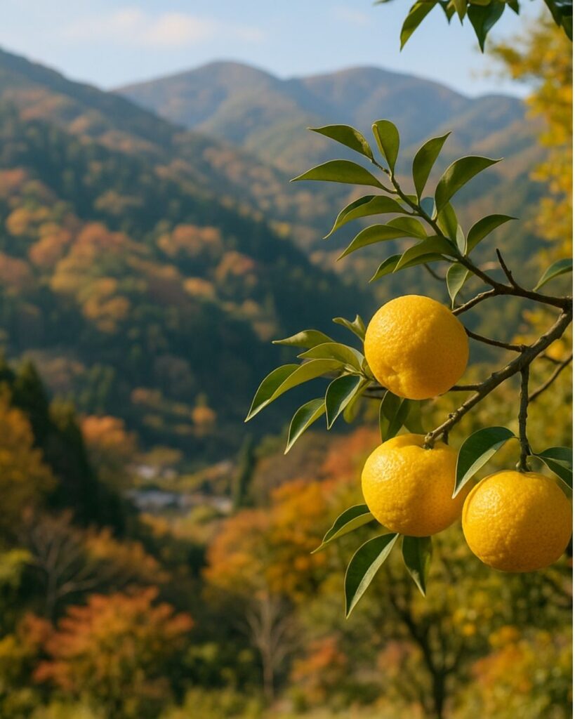 杉田久女の秋の俳句5選-代表作をわかりやすく解説！「色づきし　梢の柚より　山の秋」この俳句をイメージした画像
