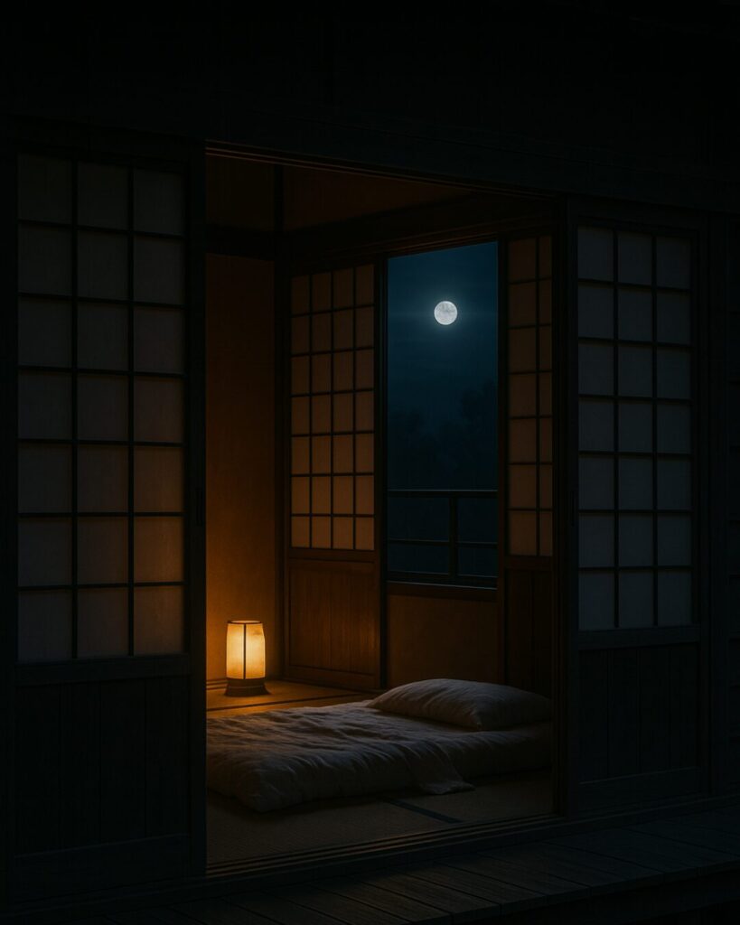 百人一首第85番 俊恵『夜もすがら』背景解説–つれなき夜更け「夜もすがら 物思ふころは 明けやらで 閨のひまさへ つれなかりけり」の情景をテーマにしたイメージの画像