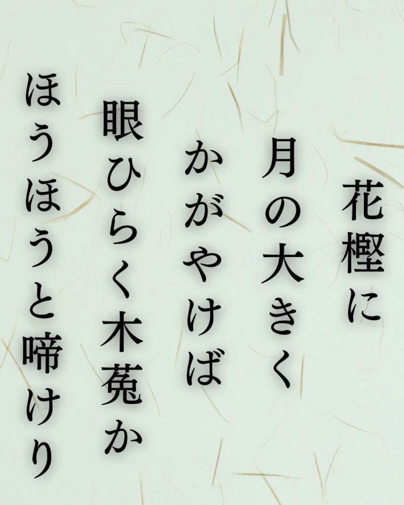北原白秋の冬の短歌5選-代表作をわかりやすく解説！「花樫に 月の大きく かがやけば　眼ひらく木菟か ほうほうと啼けり」この短歌を記載した画像