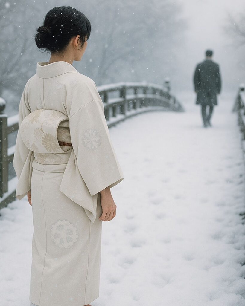 与謝野晶子の冬の短歌5選-代表作をわかりやすく解説！「ふりそでの　雪輪に雪の　けはひすや　橋のかなたに　かへりみぬ人」この短歌をイメージした画像