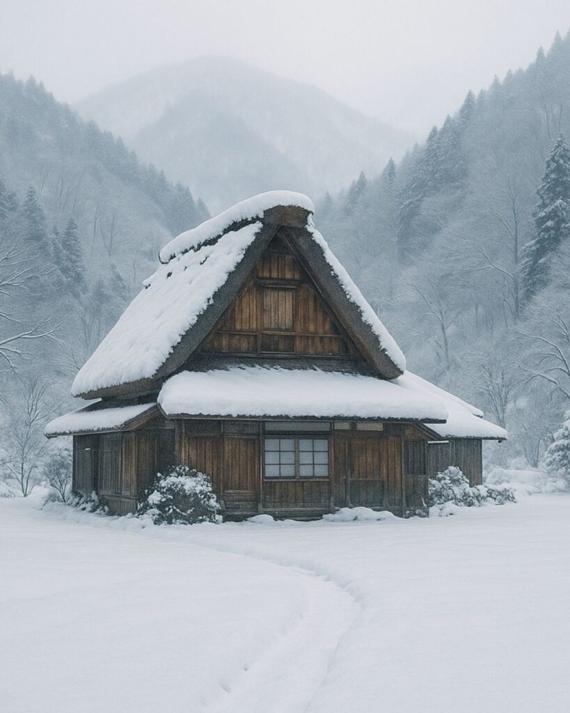 向井去来の冬の俳句5選-代表作をわかりやすく解説!「絵の中に 居るや山家(やまが)の 雪げしき」この俳句をイメージした画像