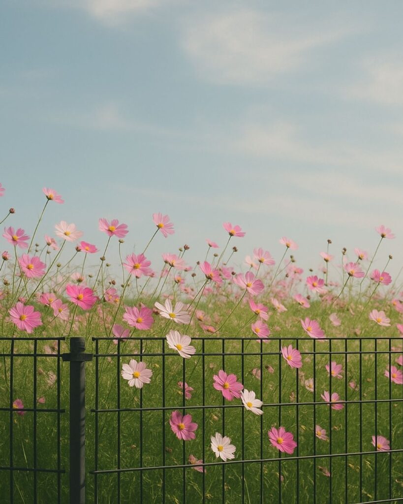 種田山頭火の秋の俳句5選-代表作をわかりやすく解説！「鉄柵の中　コスモス咲きみちて　揺る」この俳句をイメージした画像