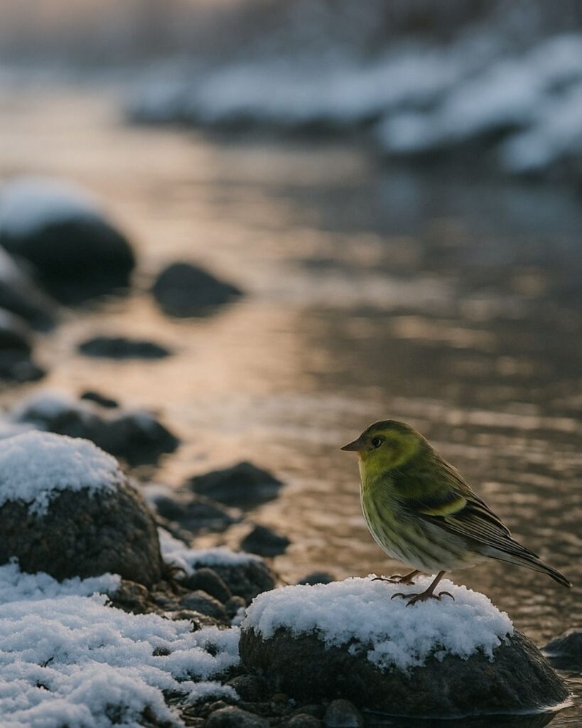 北原白秋の冬の短歌5選-代表作をわかりやすく解説！「しみしみと 夕冷えまさる しら雪に 岩うつり啼くは 河原鶸かも」この短歌をイメージした画像