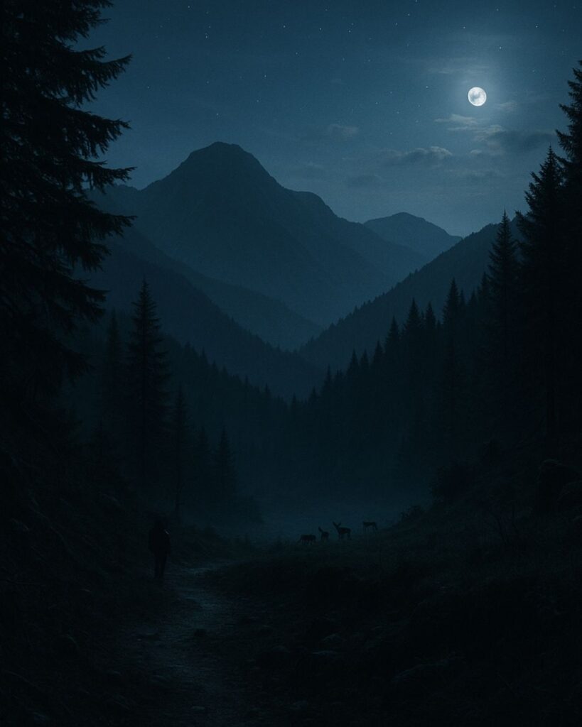 釈迢空の名作短歌5選–水の上「山びとの 言ひ行くことの かそけさよ。 きその夜、鹿の 峰をわたりし」この短歌をイメージした画像