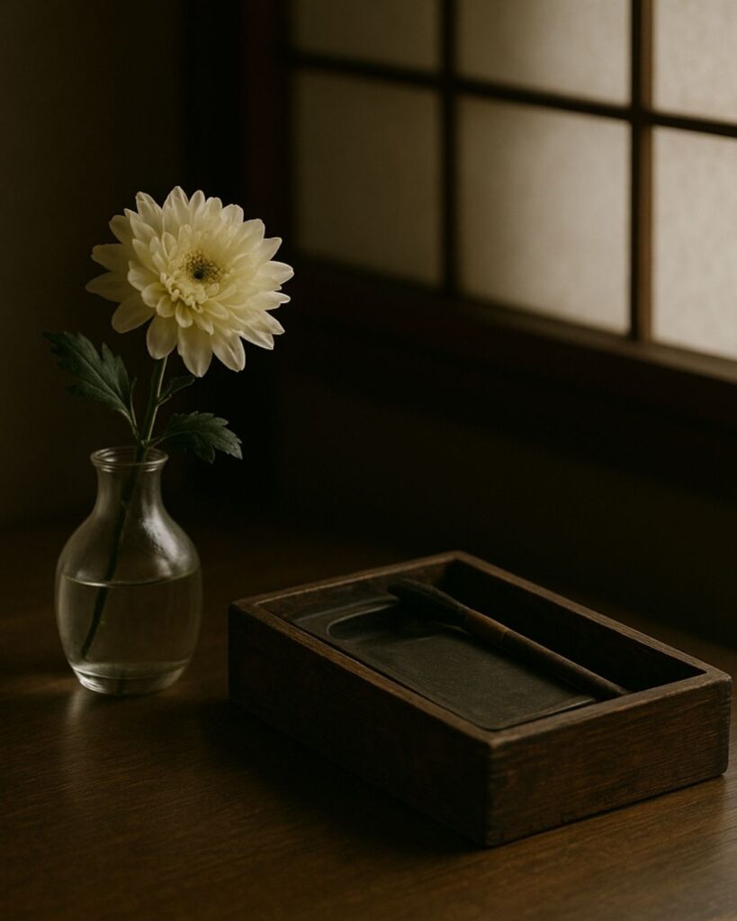 宝井其角の冬の俳句5選-代表作をわかりやすく解説！「寒菊や　古風ののこる　硯箱」この俳句をイメージした画像