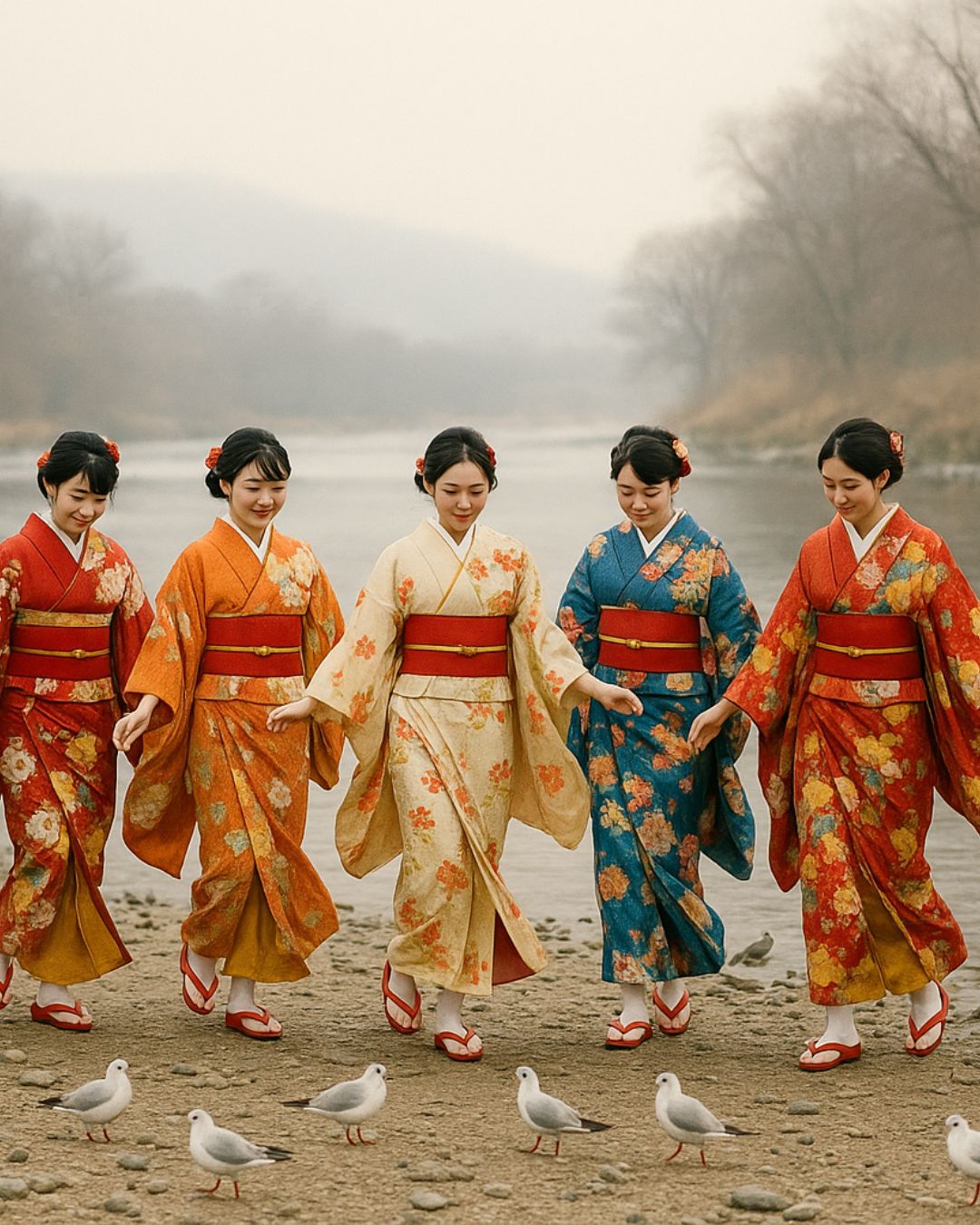 与謝野晶子の冬の短歌5選-代表作をわかりやすく解説！「舞ごろも　五たり紅の　草履して　河原に出でぬ　千鳥のなかに」この短歌をイメージした画像