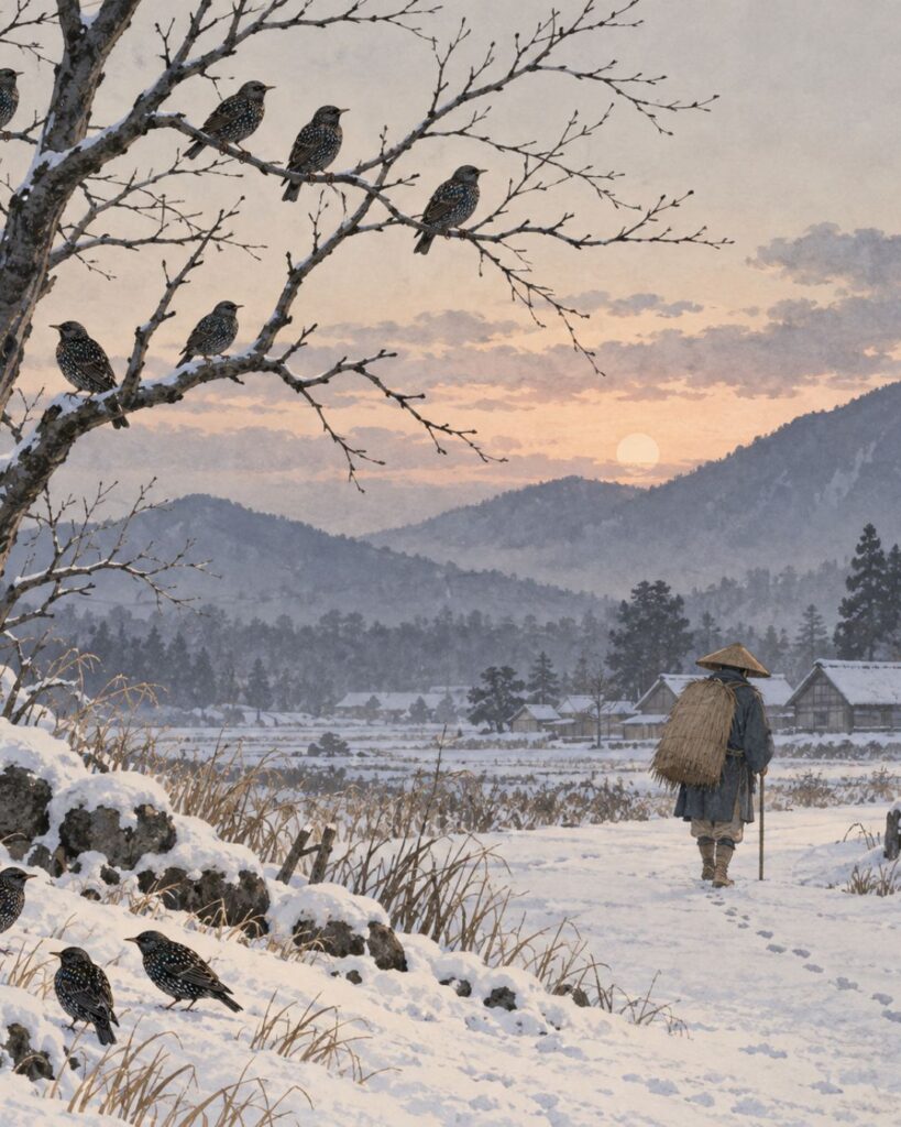 小林一茶の冬の俳句5選|雪国の厳しさと旅の暮らし「椋鳥と 人に呼ばるる 寒さかな」この俳句をイメージした画像
