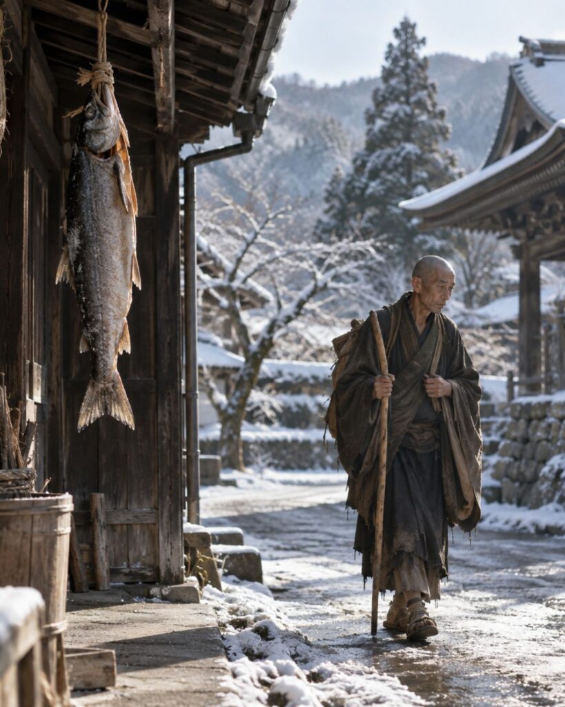 松尾芭蕉の冬の俳句5選|寒さの中の命を見つめる「干鮭も 空也の痩も 寒の内」この俳句をイメージした画像
