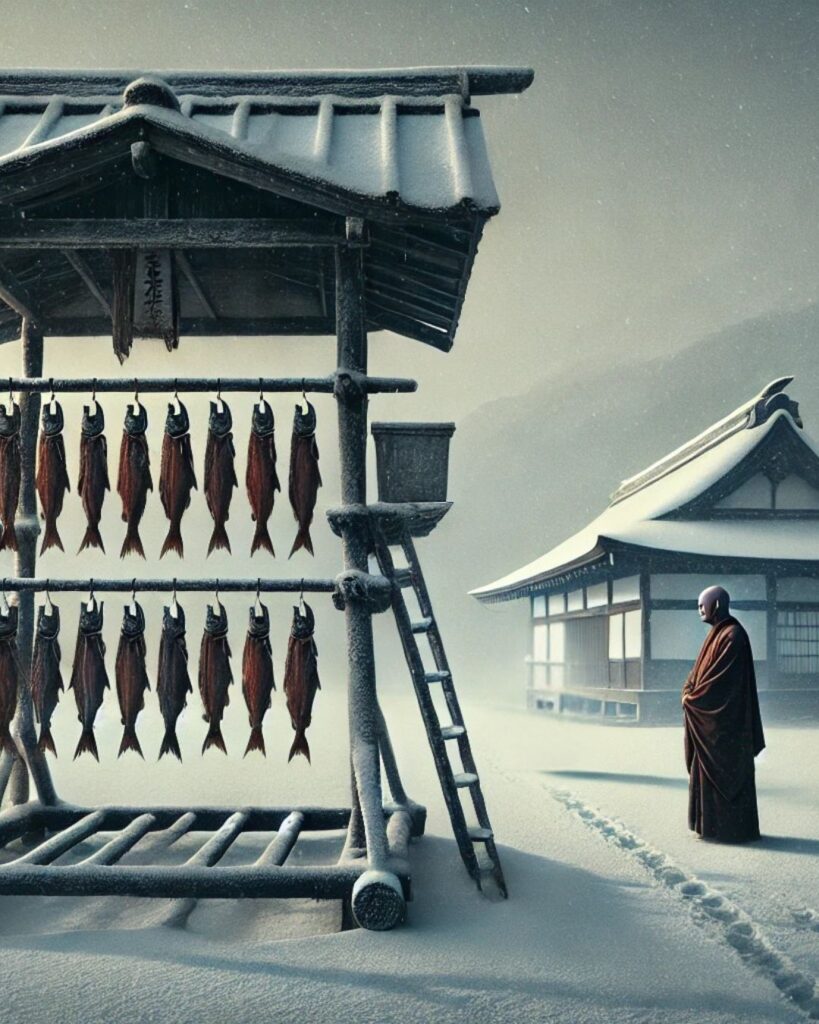 松尾芭蕉の冬の俳句5選-代表作をわかりやすく解説!「干鮭も 空也の痩も 寒の内」この俳句をイメージした画像
