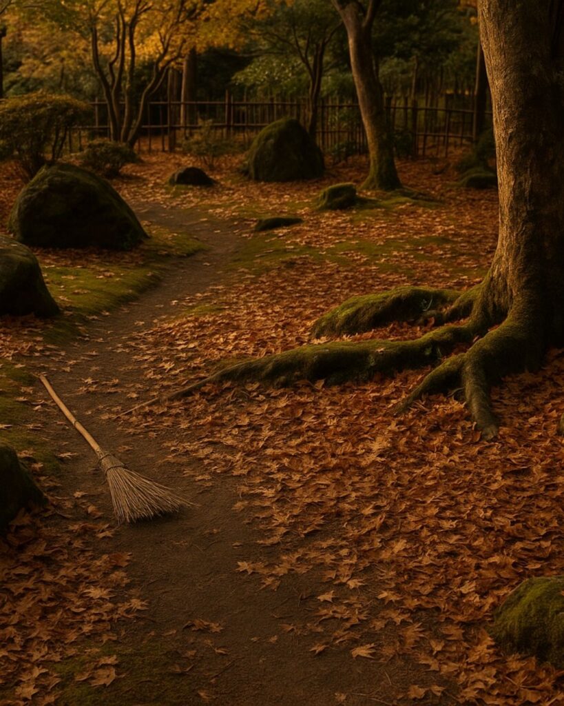 伊藤左千夫の冬の短歌5選-代表作をわかりやすく解説！「ちりひとつ なしと歌われし 吾庭の 荒れにけるかも 落葉つみつつ」この短歌をイメージした画像