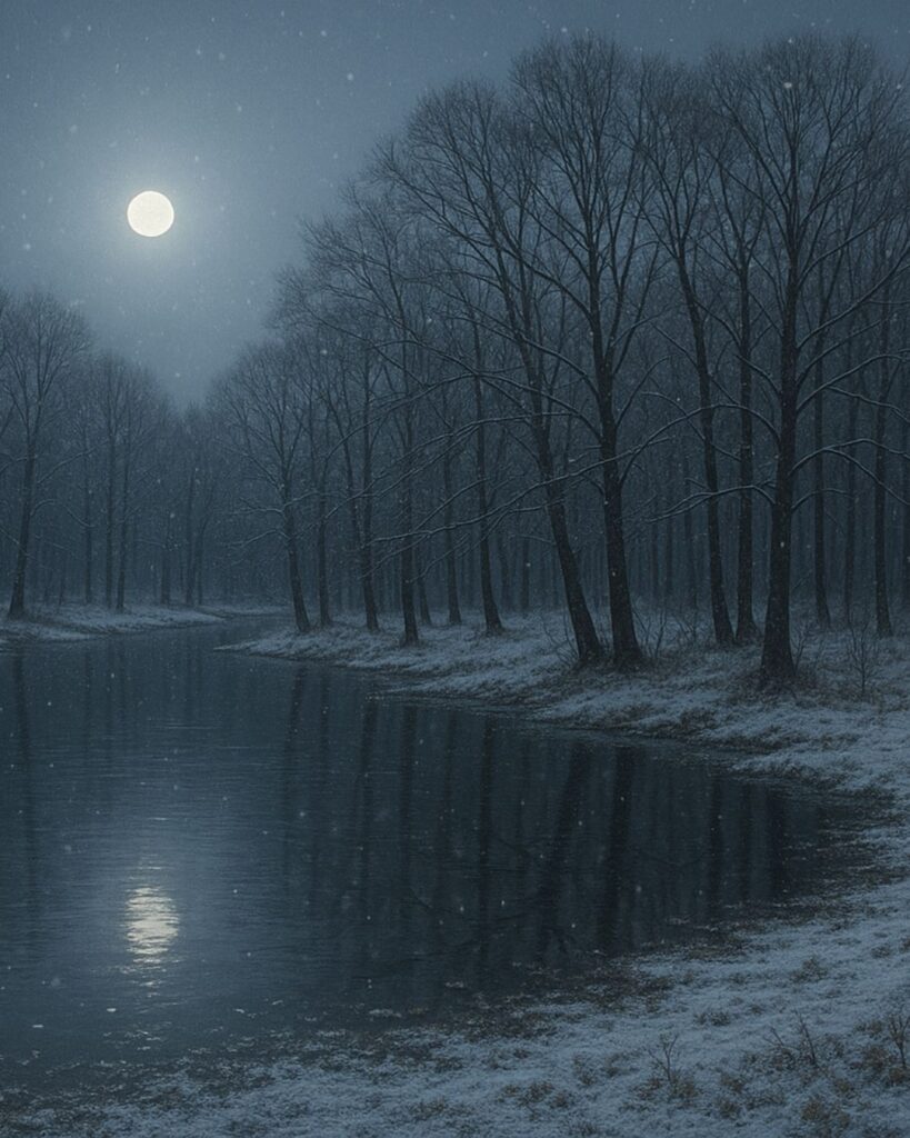 若山牧水の冬の短歌5選-代表作をわかりやすく解説!「ひとしきり あはく雪ふり 月照りぬ 水のほとりの 落葉の木立」この短歌をイメージした画像