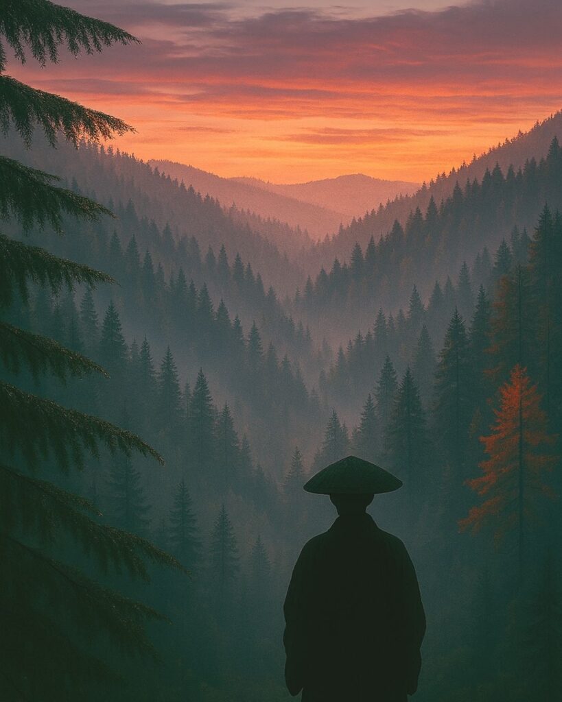 百人一首第87番 寂蓮『村雨の』背景解説–霧立つ夕べ「村雨の　露もまだ干ぬ　真木の葉に　霧立ちのぼる　秋の夕暮れ」の情景をテーマにしたイメージの画像
