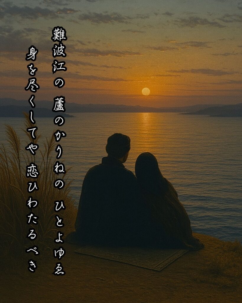 百人一首第88番 皇嘉門院別当『難波江の』背景解説–仮寝の恋路「難波江の 蘆のかりねの ひとよゆゑ 身を尽くしてや 恋ひわたるべき」の情景をテーマにした和歌とイメージの画像
