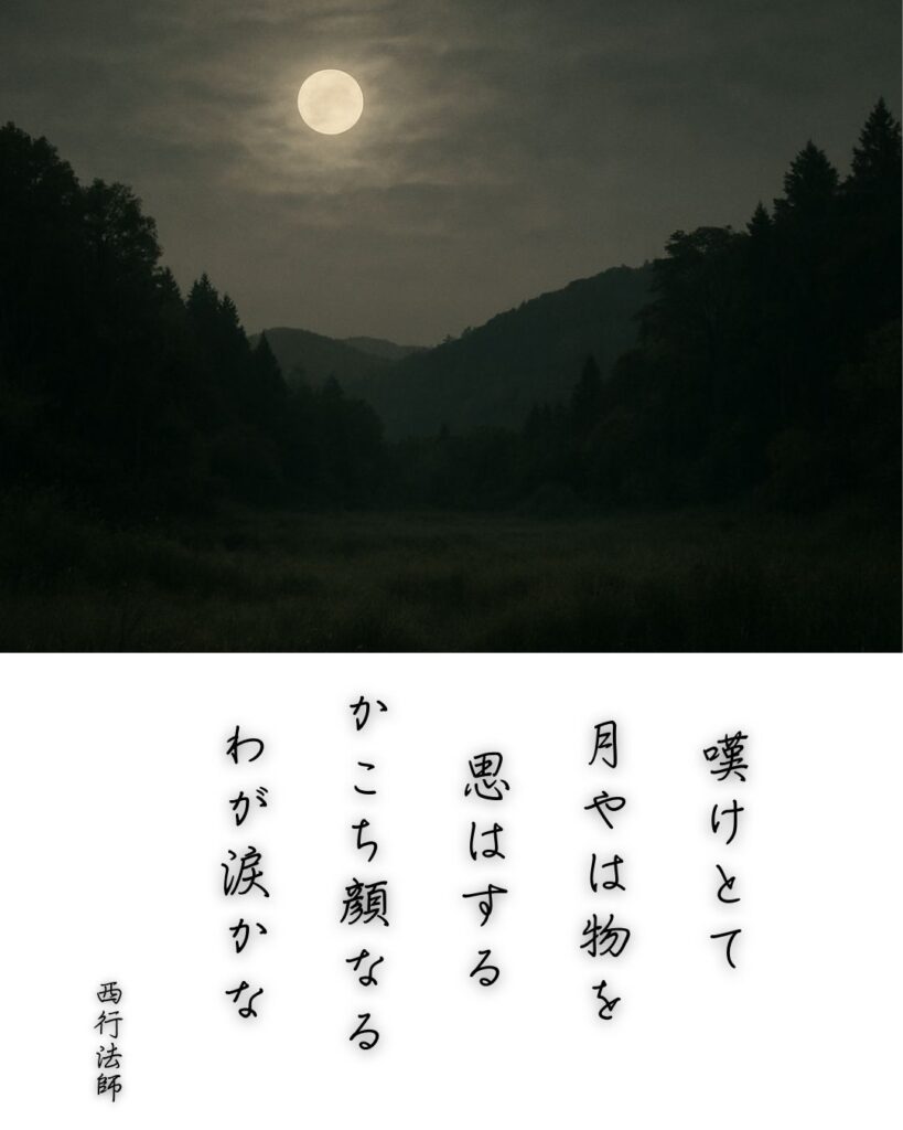 百人一首第86番 西行『嘆けとて』背景解説–月に託す涙「嘆けとて 月やは物を 思はする かこち顔なる わが涙かな」の情景をテーマにした和歌とイメージの画像
