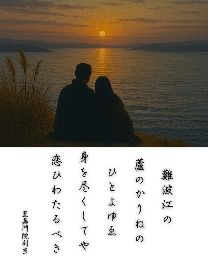 百人一首第88番 皇嘉門院別当『難波江の』背景解説–仮寝の恋路「難波江の 蘆のかりねの ひとよゆゑ 身を尽くしてや 恋ひわたるべき」の情景をテーマにした和歌とイメージの画像