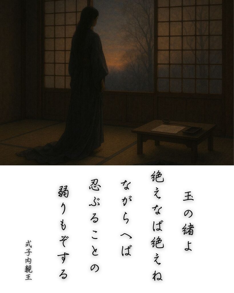 百人一首第89番 式子内親王『玉の緒よ』背景解説–命の細糸「玉の緒よ　絶えなば絶えね　ながらへば　忍ぶることの　弱りもぞする」の情景をテーマにした和歌とイメージの画像

