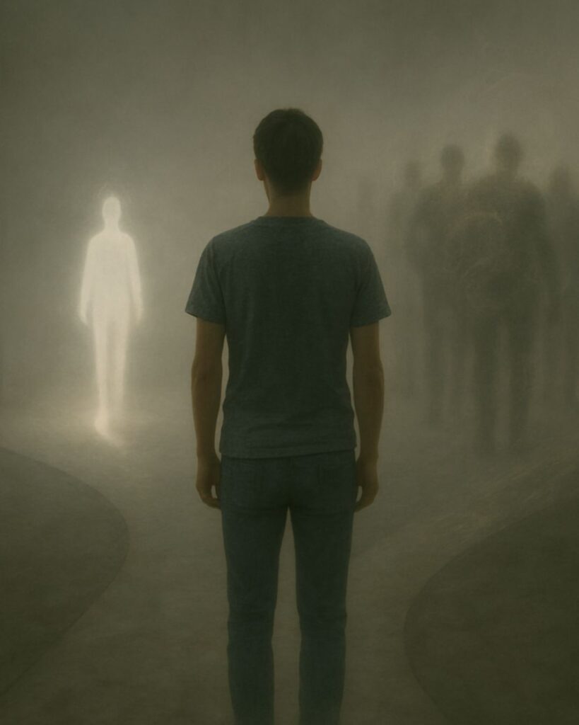 アブラハム・マズローの名言9選–自己成長への指針「自分の心に背けば、選択を誤る。」この名言のイメージイラスト