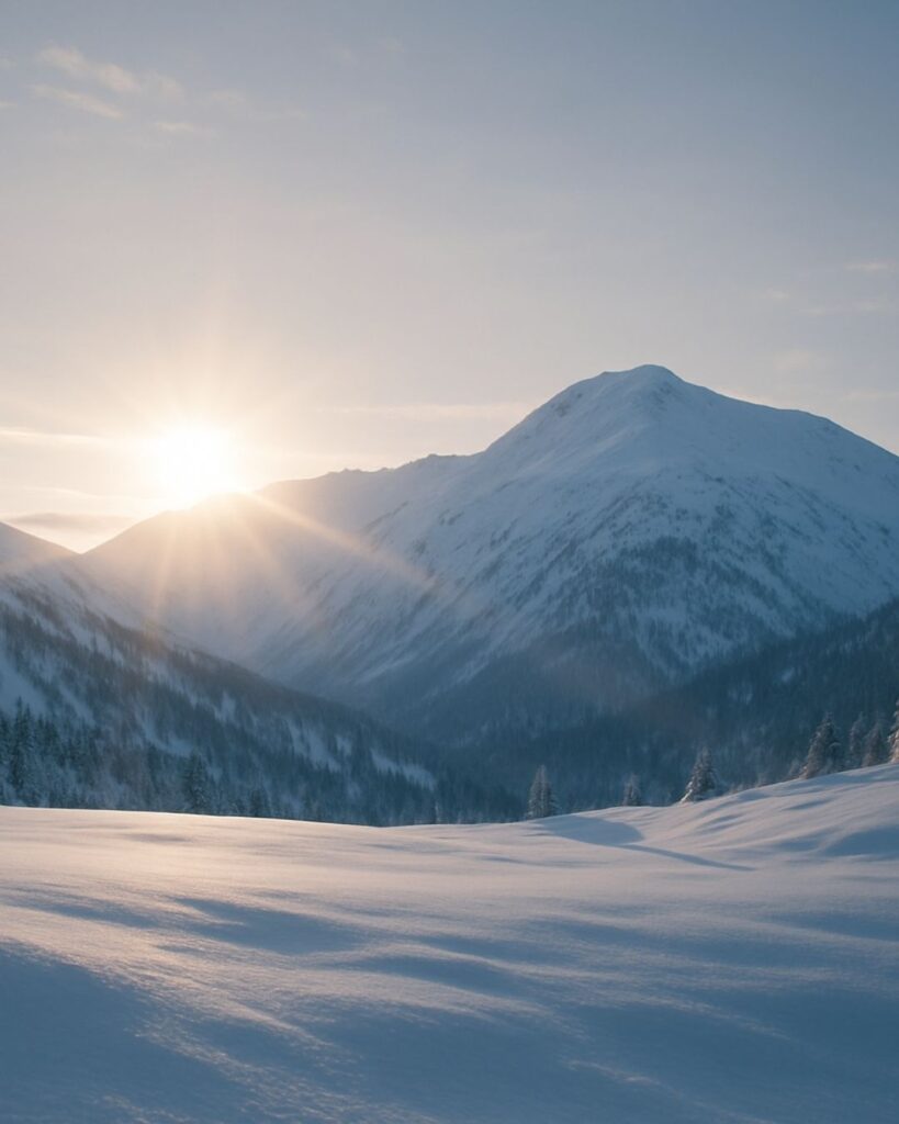 斎藤茂吉の冬の短歌5選-代表作をわかりやすく解説！「雪ふりて 白き山より いづる日の 光に今朝は 照らされてゐぬ」この短歌をイメージした画像