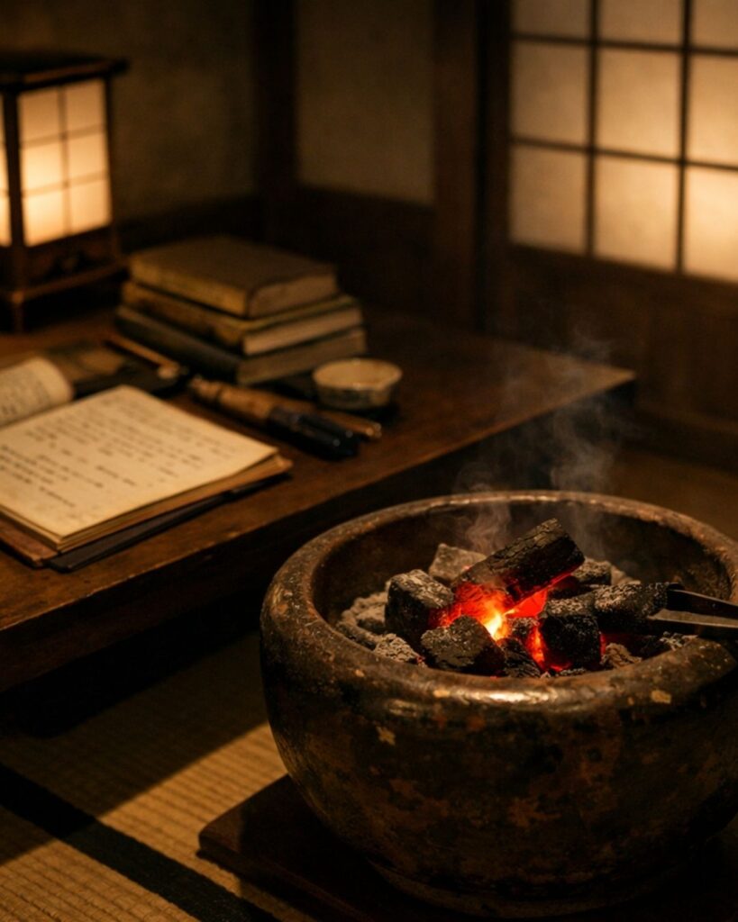 山口誓子の冬の俳句5選-代表作をわかりやすく解説！「学問の　さびしさに　堪へ炭をつぐ」この俳句をイメージした画像