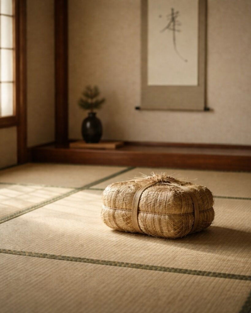 立花北枝の冬の俳句5選-代表作をわかりやすく解説！「元日や　たゝみのうへに　こめ俵」この俳句をイメージした画像