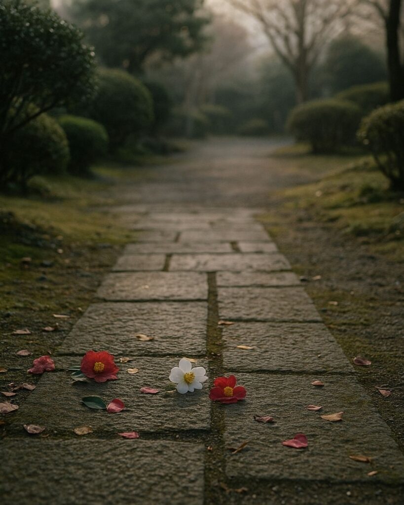 伊藤左千夫の冬の短歌5選-代表作をわかりやすく解説！「朝清め 今せし庭に 山茶花の いささか散れる 人の心や」この短歌をイメージした画像