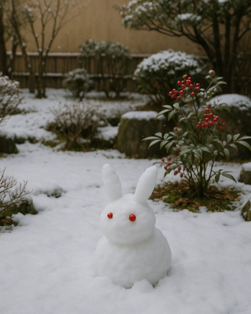 与謝野鉄幹の冬の短歌5選-代表作をわかりやすく解説！「をとうとの 雪のうさぎに まなこつくと 南天とりし 岡崎の庭」この短歌をイメージした画像