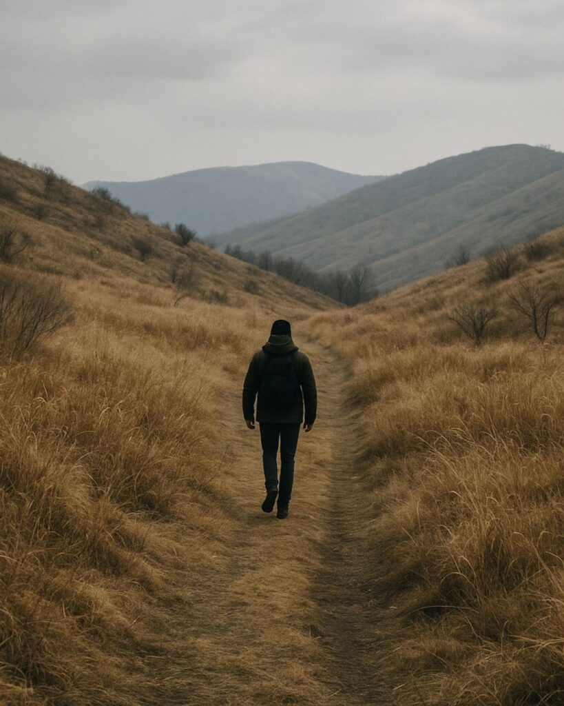 若山牧水の冬の短歌5選-代表作をわかりやすく解説!「冬枯の 黄なる草山 ひとりゆく うしろ姿を 見むひともなし」この短歌をイメージした画像