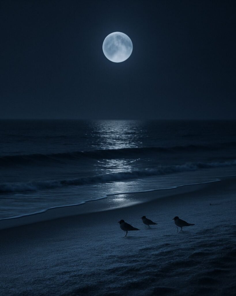 樋口一葉の冬の短歌5選-代表作をわかりやすく解説！「さゆる夜の 真砂の霜や いとふらむ 浦わの千鳥 月に鳴くなり」この短歌をイメージした画像