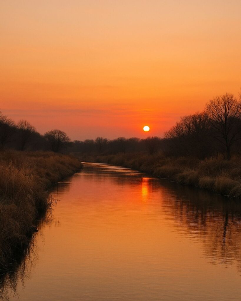 水原秋桜子の冬の俳句5選-代表作をわかりやすく解説!「夕焼けに 野川が染みつ 寒の入り」この俳句をイメージした画像