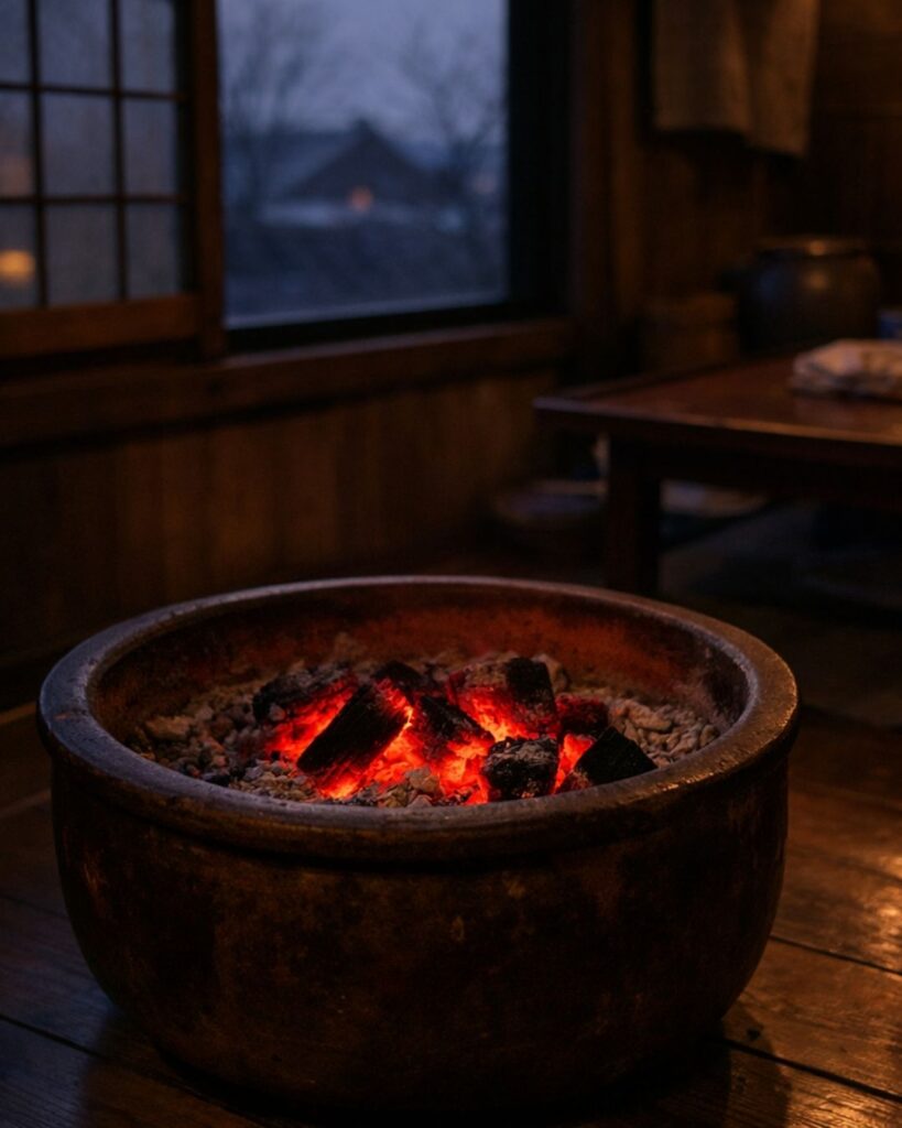 斎藤茂吉の冬の短歌5選-代表作をわかりやすく解説！「しみ到る ゆふべのいろに 赤くゐる 火鉢のおきの なつかしきかも」この短歌をイメージした画像