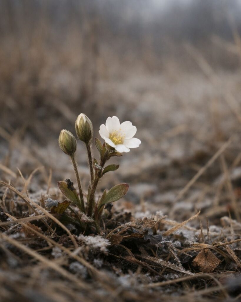 伊藤左千夫の冬の短歌5選-代表作をわかりやすく解説！「咲草の 三つの蕾の 一つのみ 花になりたる 冬深草」この短歌をイメージした画像