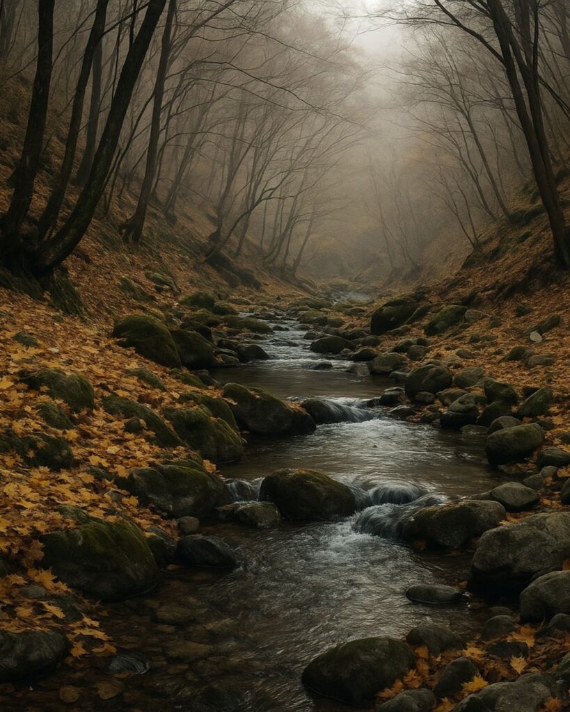 若山牧水の冬の短歌5選-代表作をわかりやすく解説!「ものおもひ 断ゆれば黄なる 落葉の 峡のおくより 水のきこゆる」この短歌をイメージした画像