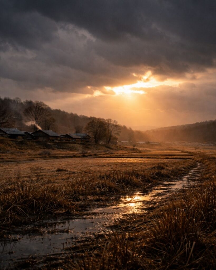 立花北枝の冬の俳句5選-代表作をわかりやすく解説！「しぐるるや　夕日残れる　原くらし」この俳句をイメージした画像