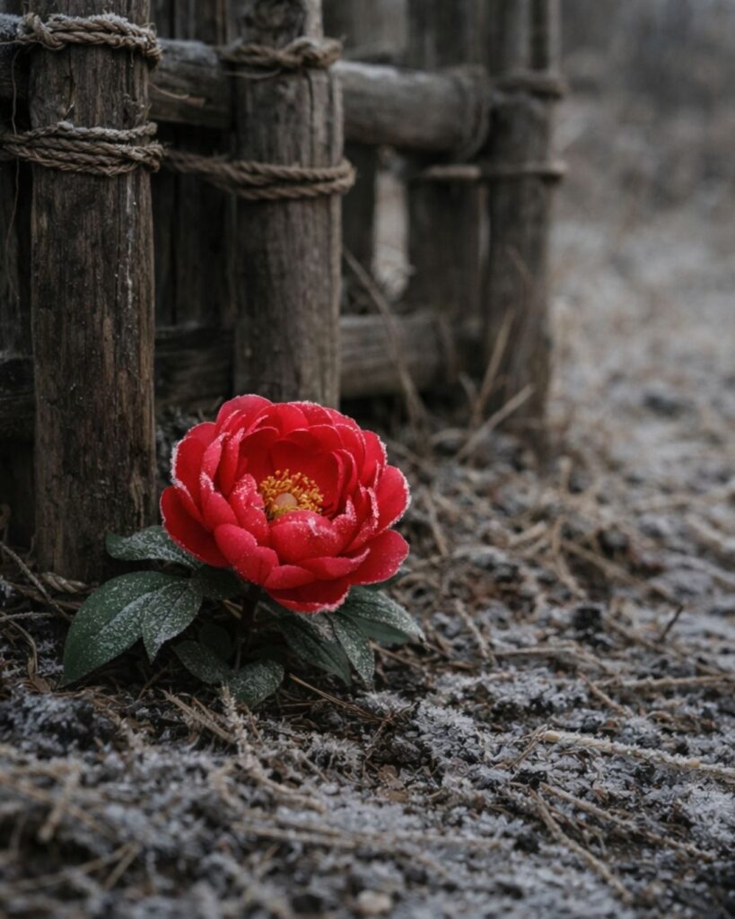 伊藤左千夫の冬の短歌5選-代表作をわかりやすく解説！「霜枯の まがきのもとに 赤玉の かがやくなして 咲く冬牡丹」この短歌をイメージした画像