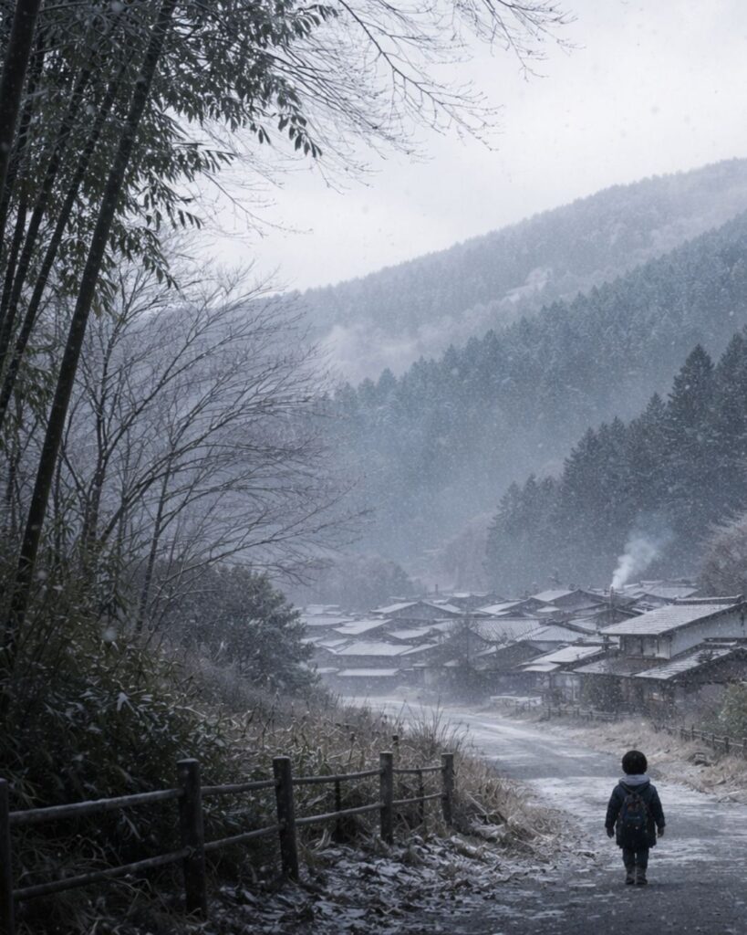 与謝野鉄幹の冬の短歌5選-代表作をわかりやすく解説！「京の子は 舞のころもを 我にきせぬ 北山おろし 雪になる朝」この短歌をイメージした画像