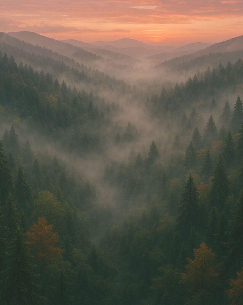 百人一首第87番 寂蓮『村雨の』背景解説–霧立つ夕べ「村雨の　露もまだ干ぬ　真木の葉に　霧立ちのぼる　秋の夕暮れ」の情景をテーマにしたイメージの画像
