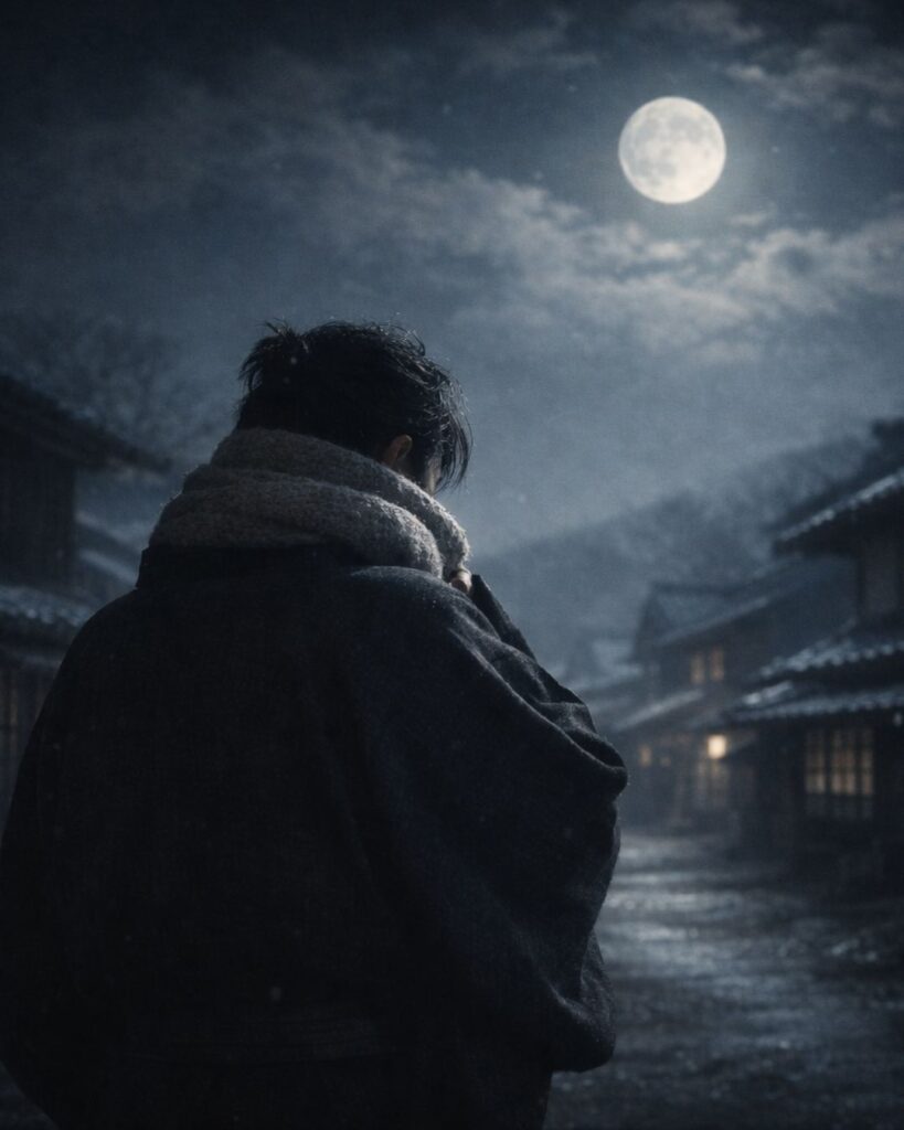 杉山杉風の冬の俳句5選-代表作をわかりやすく解説!「襟巻に 首引き入れて 冬の月」この俳句をイメージした画像