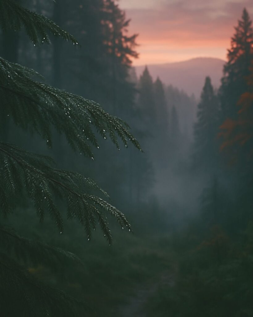 百人一首第87番 寂蓮『村雨の』背景解説–霧立つ夕べ「村雨の　露もまだ干ぬ　真木の葉に　霧立ちのぼる　秋の夕暮れ」の情景をテーマにしたイメージの画像
