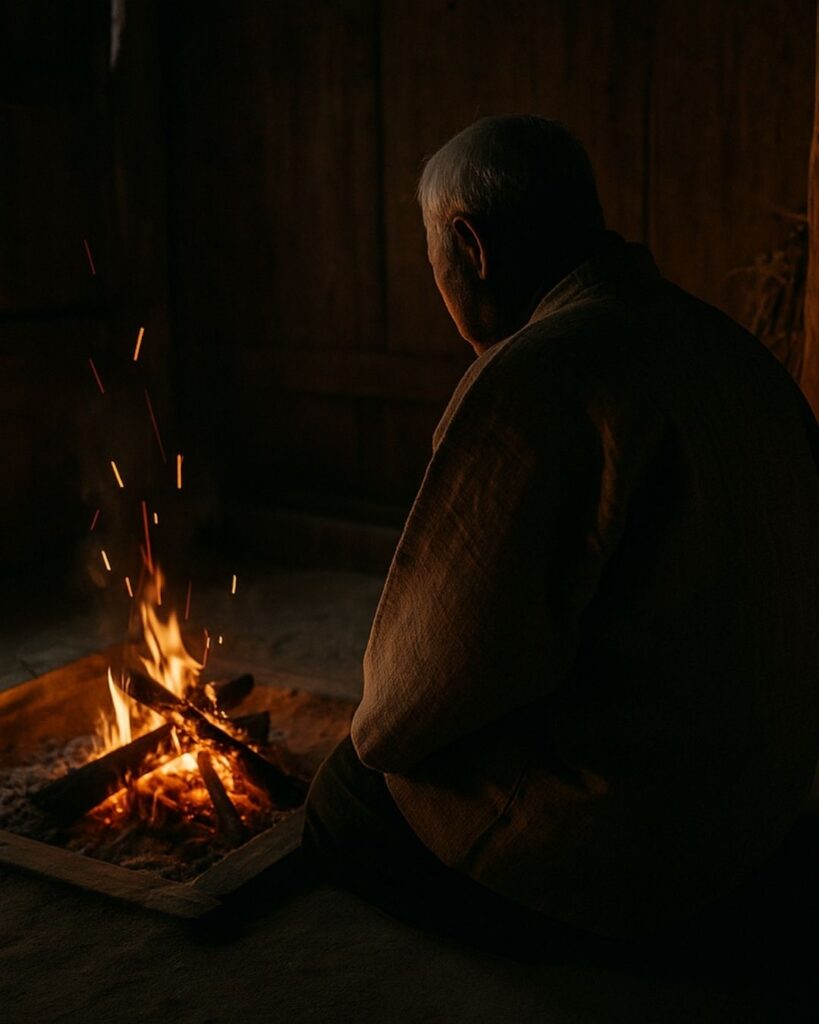 内藤丈草の冬の俳句5選-代表作をわかりやすく解説!「かみこきて 寄はいろりの はしり炭」この俳句をイメージした画像