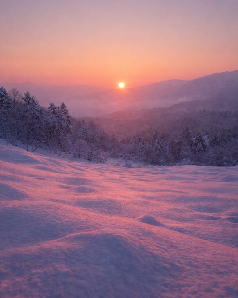 斎藤茂吉の冬の短歌5選-代表作をわかりやすく解説！「たとふれば 一瞬の 朝日子は うすくれなゐに 雪を染めたる」この短歌をイメージした画像