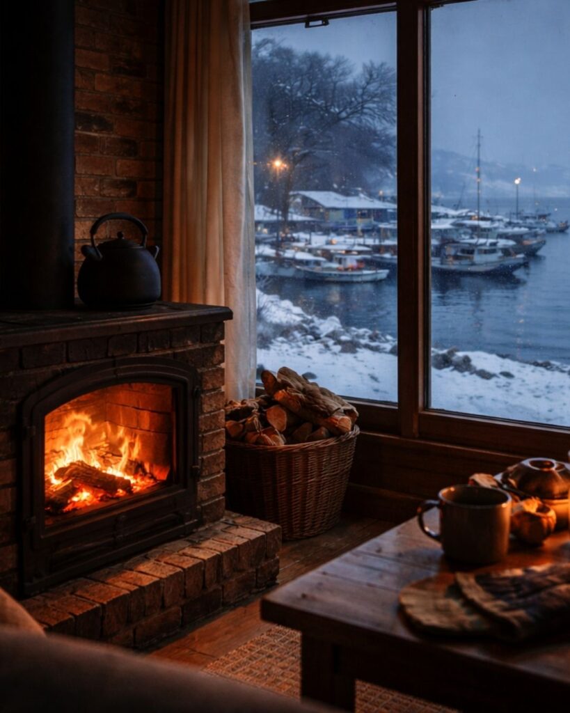 山口誓子の冬の俳句5選-代表作をわかりやすく解説！「ペーチカを　焚きてつめたき　港あり」この俳句をイメージした画像