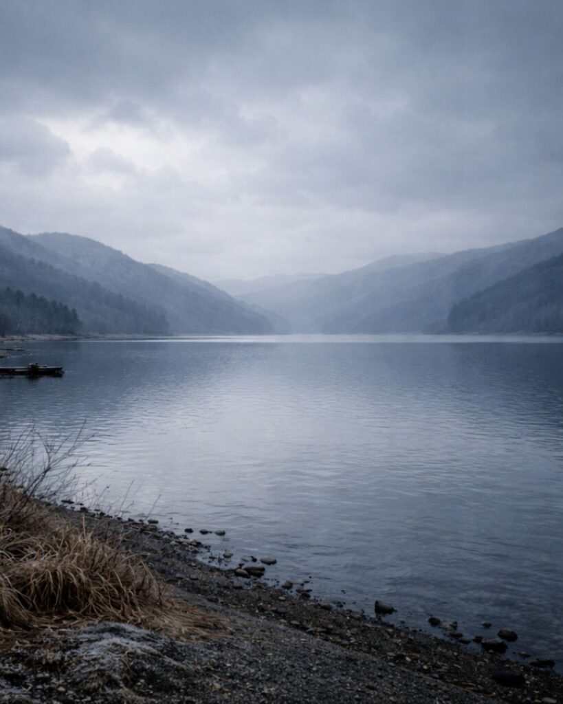 立花北枝の冬の俳句5選-代表作をわかりやすく解説！「冬旅の　前はおほきな　湖水かな」この俳句をイメージした画像