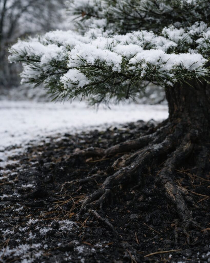 伊藤左千夫の冬の短歌5選-代表作をわかりやすく解説！「松の上に いささ雪つみ 松が根の 土はかぐろし 今朝のはつ雪」この短歌をイメージした画像
